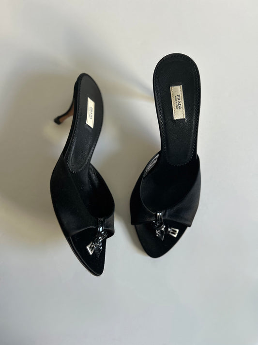 Designer Vintage Prada Black Silk Satin Crystal Logo Mule Heels Size 36 Made in Italy