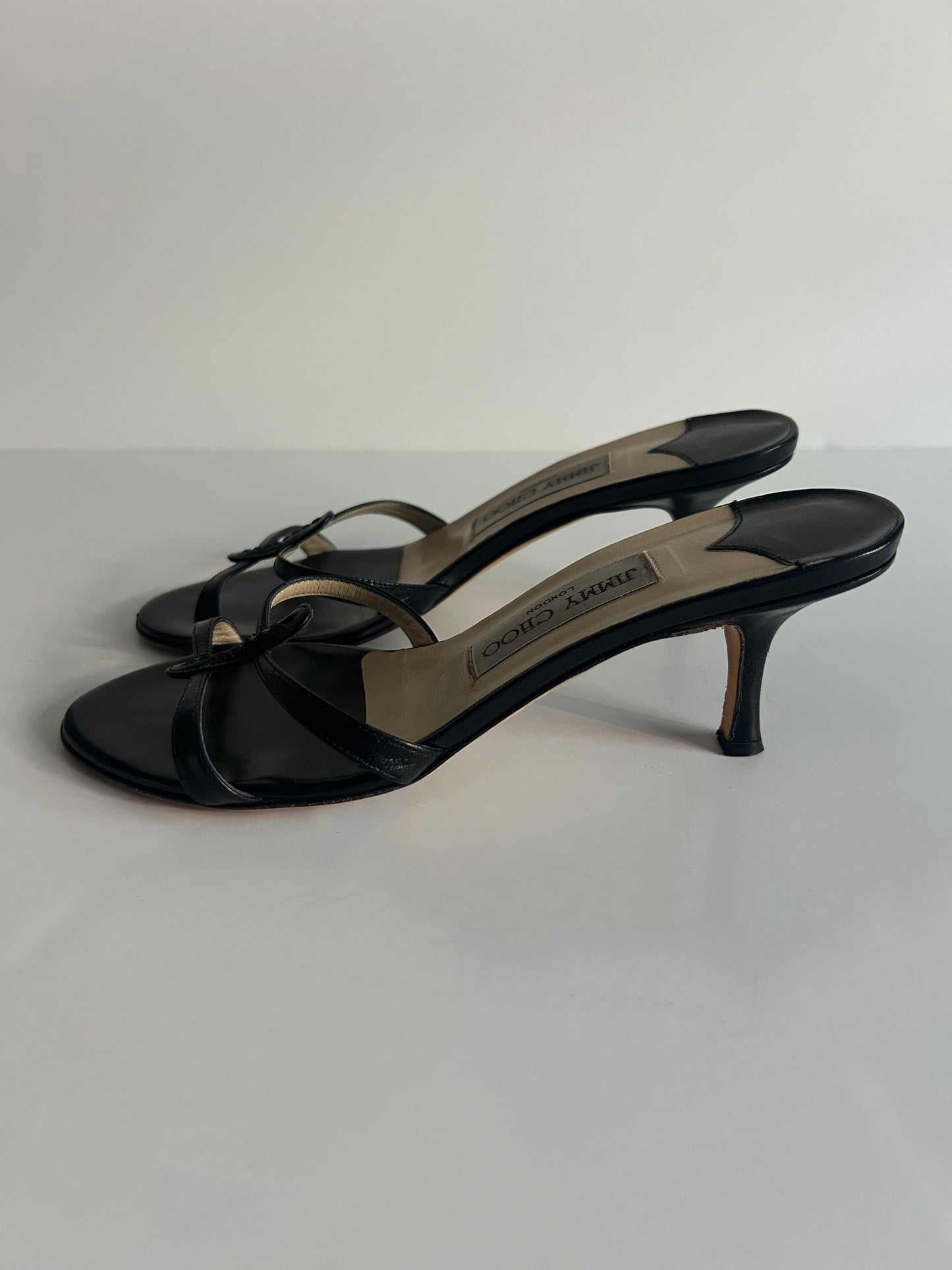Designer Vintage Jimmy Choo London Black Leather Thong Mule Heels Y2K Sandals