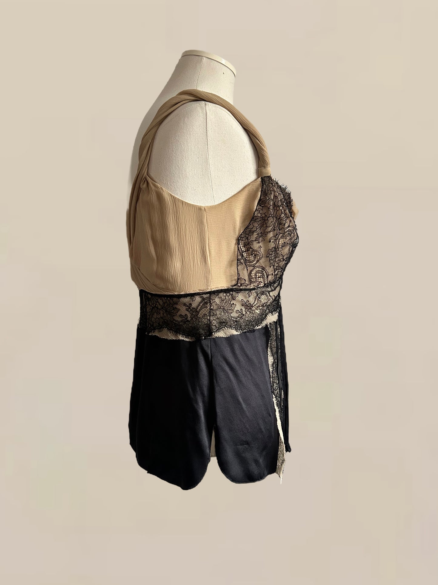 Designer Vintage Prada Silk & Lace Babydoll Top – Nude and Black IT 40