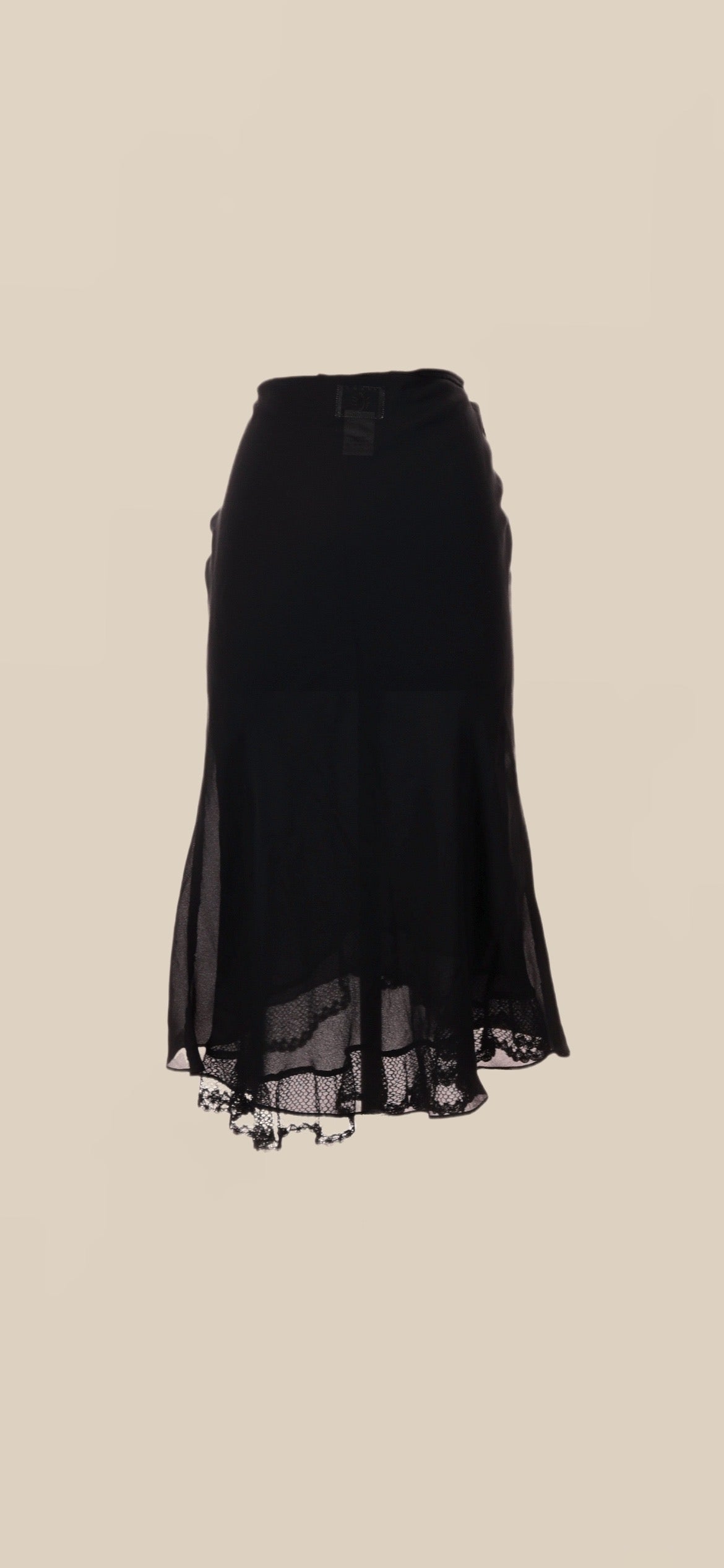 Vintage 90s Black Silk Midi Skirt with Lace Hem | Bias Cut Slip Skirt | Size Small