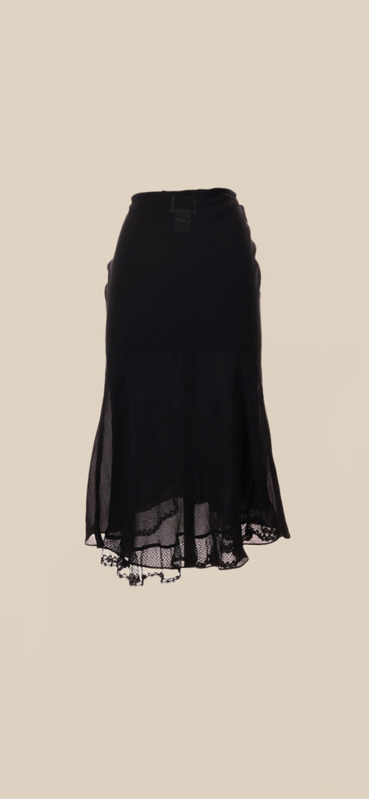 Vintage 90s Black Silk Midi Skirt with Lace Hem | Bias Cut Slip Skirt | Size Small