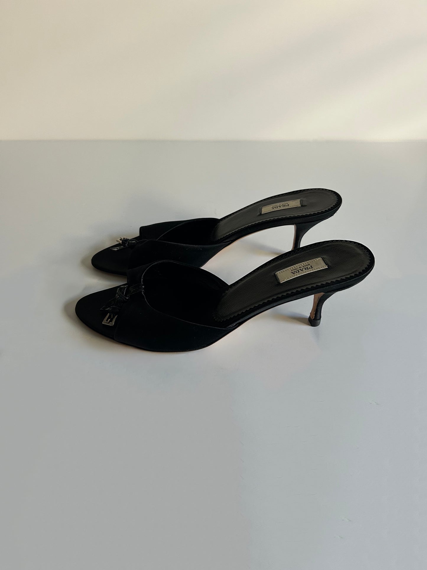 Designer Vintage Prada Black Silk Satin Crystal Logo Mule Heels Size 36 Made in Italy