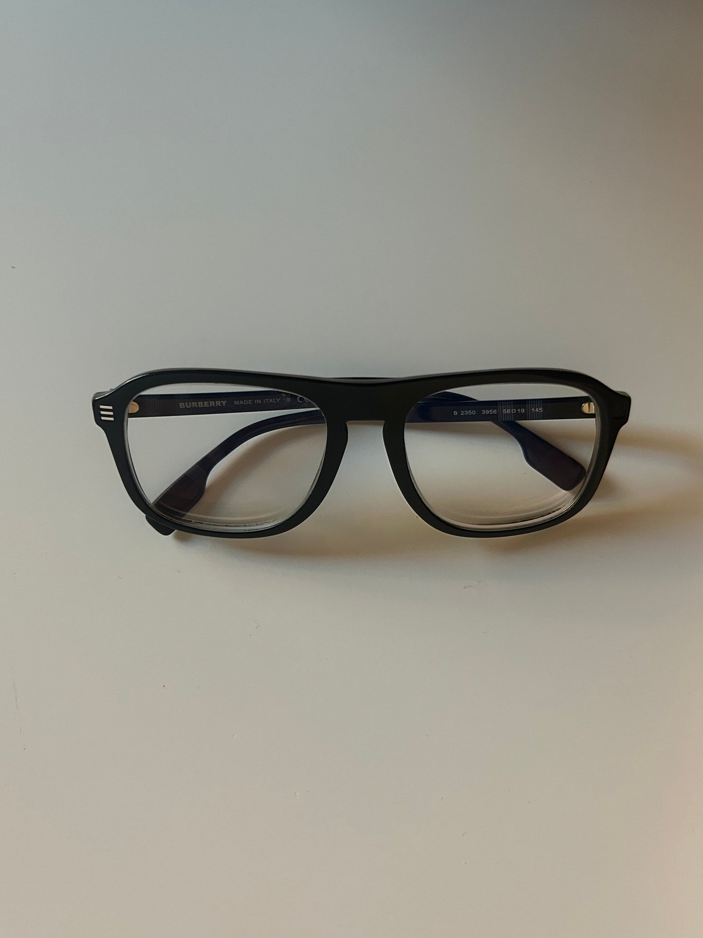 Burberry Navy Acetate Aviator Eyeglasses with Plaid Temples