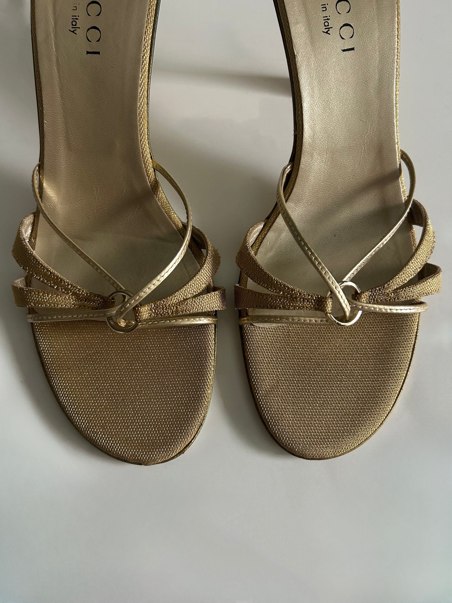 Vintage Gucci Tom Ford Era Gold Strappy Sandals Metallic Heels Made in Italy