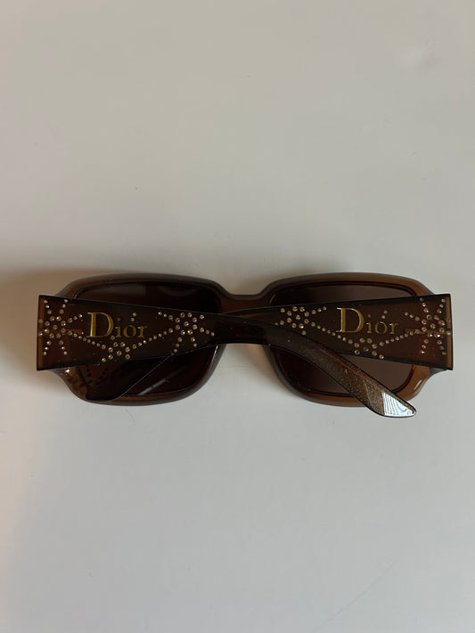 Designer Vintage Christian Dior Rhinestone Logo Sunglasses Y2K Brown Crystal Shield Temples