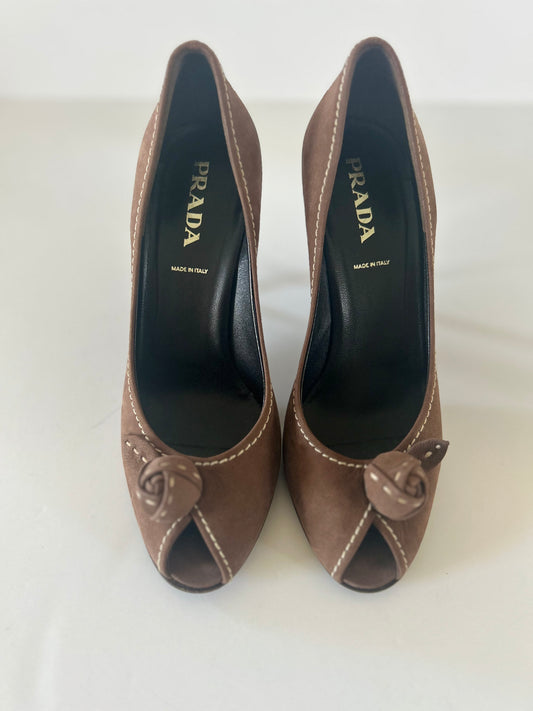 Designer Vintage Prada Milano Suede Rosette Peep Toe Heels