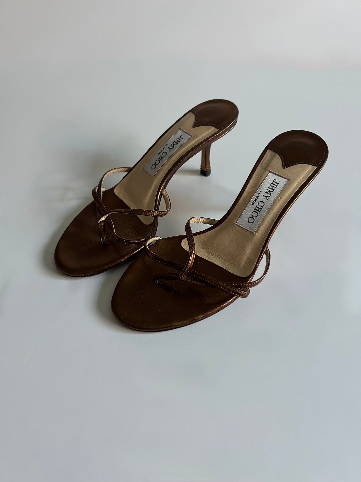 Designer Vintage Jimmy Choo London Metallic Bronze Strappy Mule Heels Y2K Sandals Made in Italy