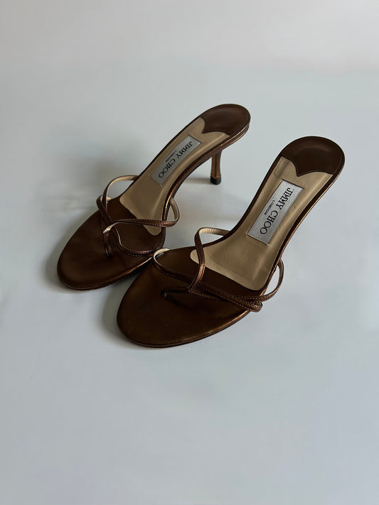 Designer Vintage Jimmy Choo London Metallic Bronze Strappy Mule Heels Y2K Sandals Made in Italy