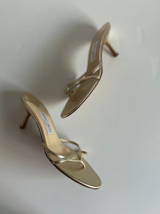 Designer Vintage Jimmy Choo Gold Strap Slide Heel Sandals