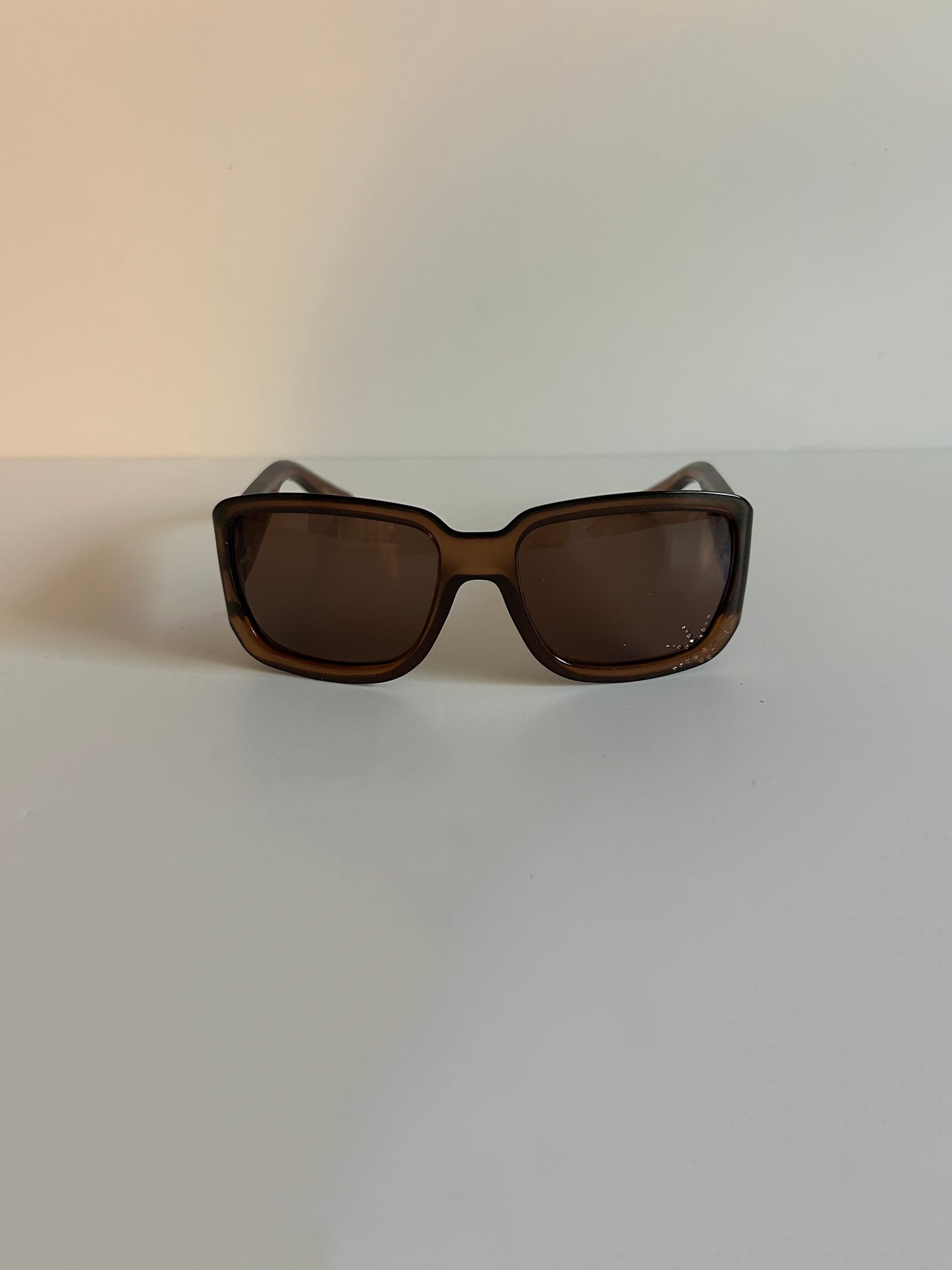 Designer Vintage Christian Dior Rhinestone Logo Sunglasses Y2K Brown Crystal Shield Temples