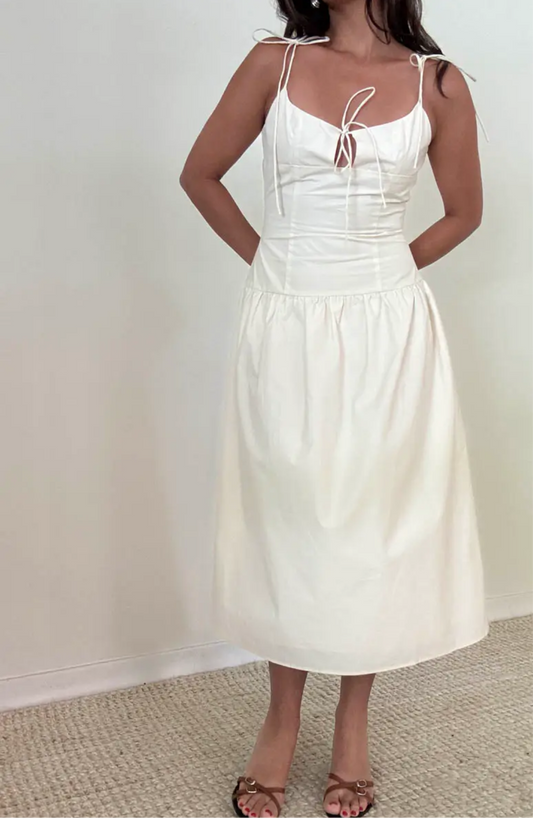 Sophisticate Ivory Cotton Drop Waist Tie Front Dress