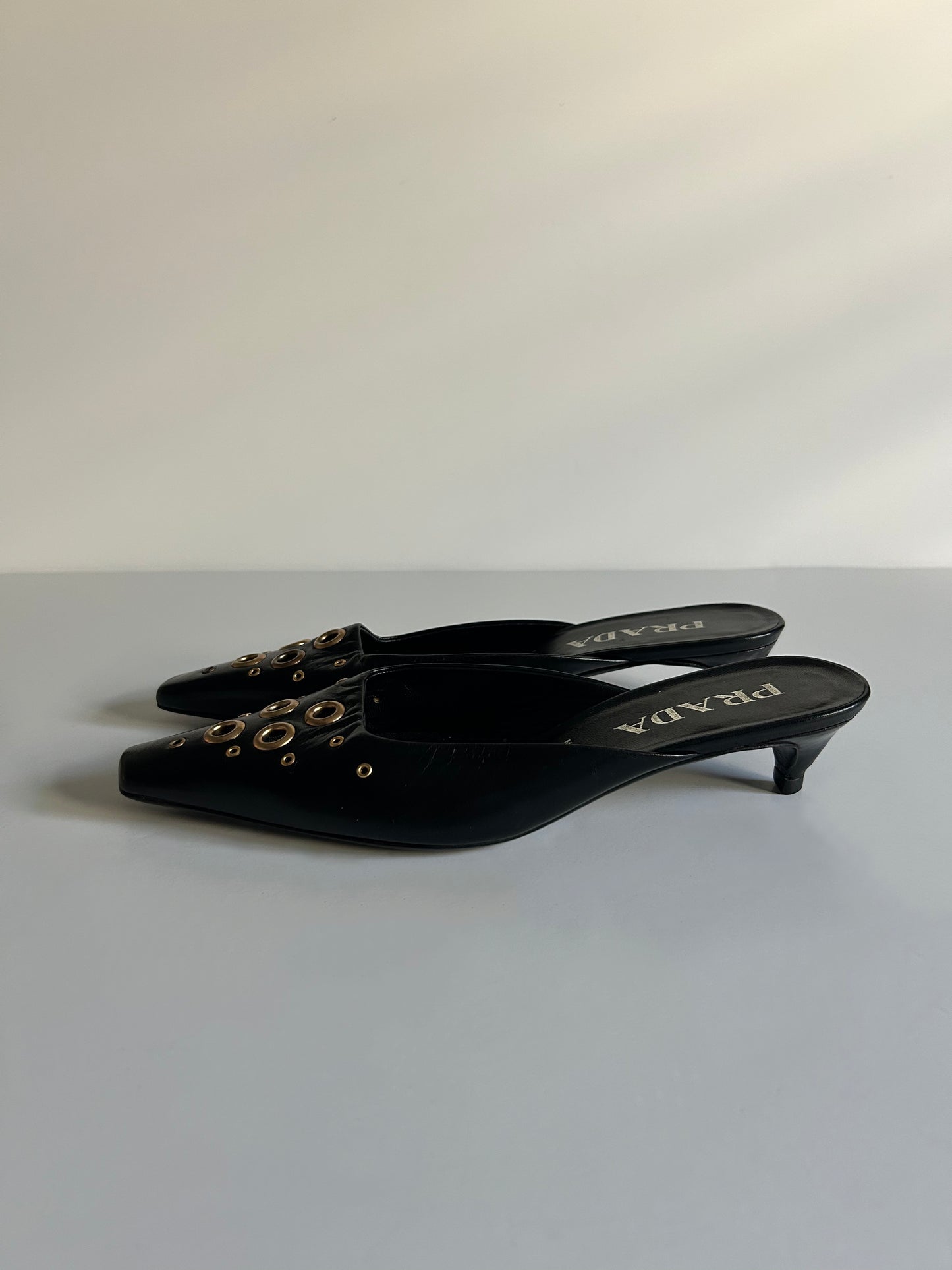 Designer Vintage Prada Black Leather Grommet Mule Kitten Heels Y2K