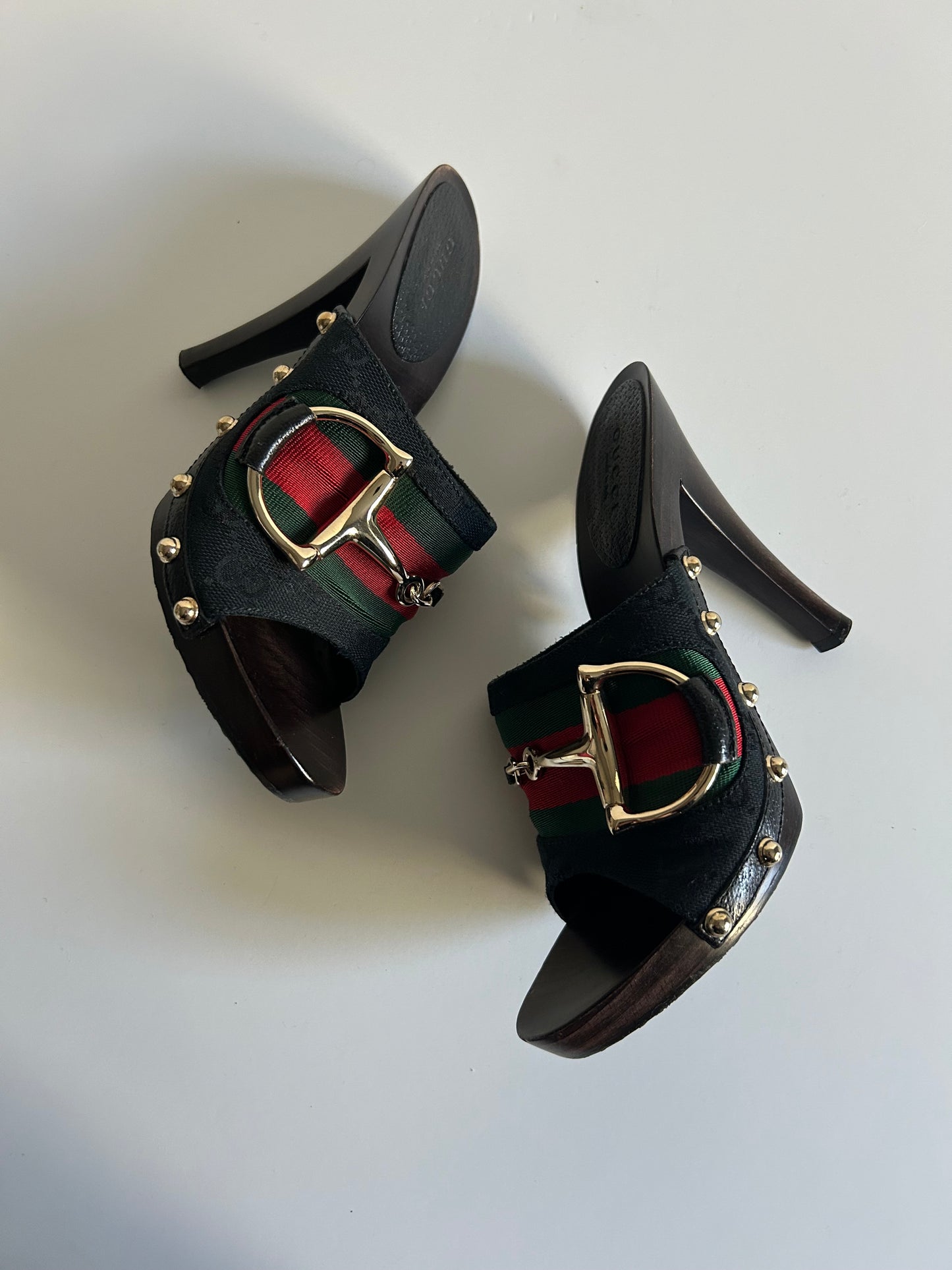 Designer Vintage Gucci Web Stripe Horsebit Mule Heels – Black Canvas & Wood Clog – Early 2000s