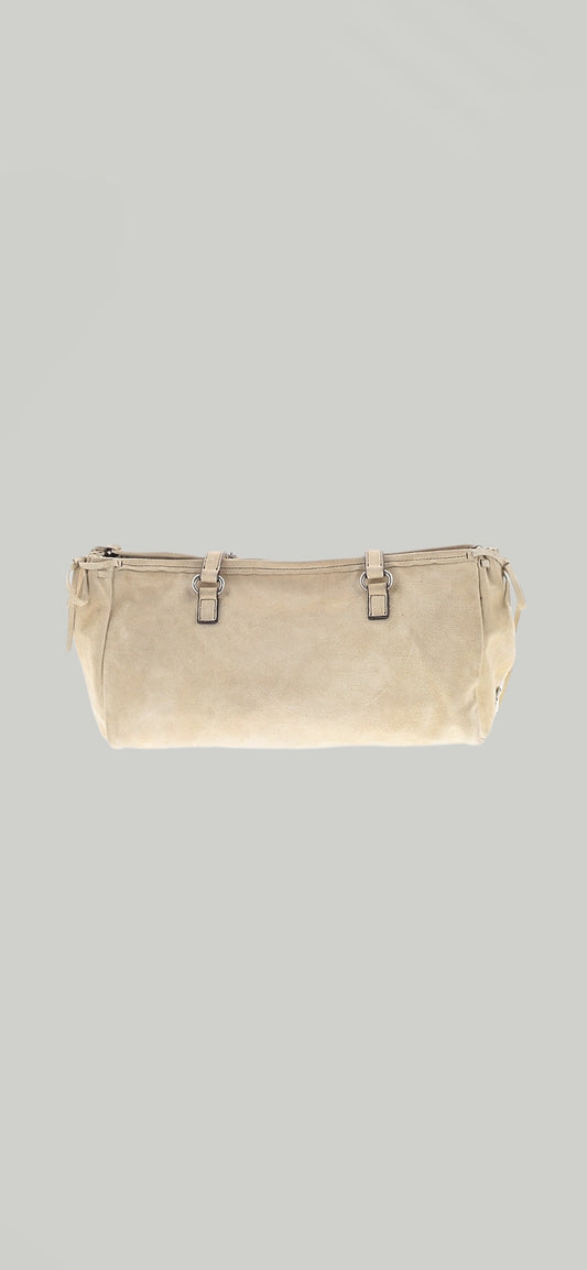 Designer Vintage Prada Suede East-West Tote Bag | Y2K Ivory Leather Shoulder Bag