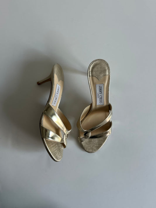 Designer Vintage Jimmy Choo London Metallic Gold Cross Strap Sandals Size 38.5 Y2K Heels