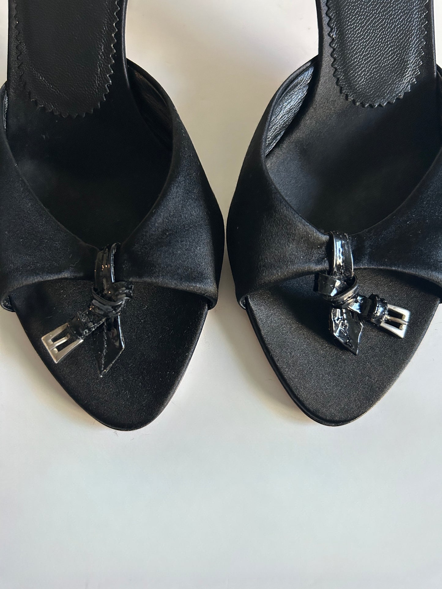 Designer Vintage Prada Black Silk Satin Crystal Logo Mule Heels Size 36 Made in Italy