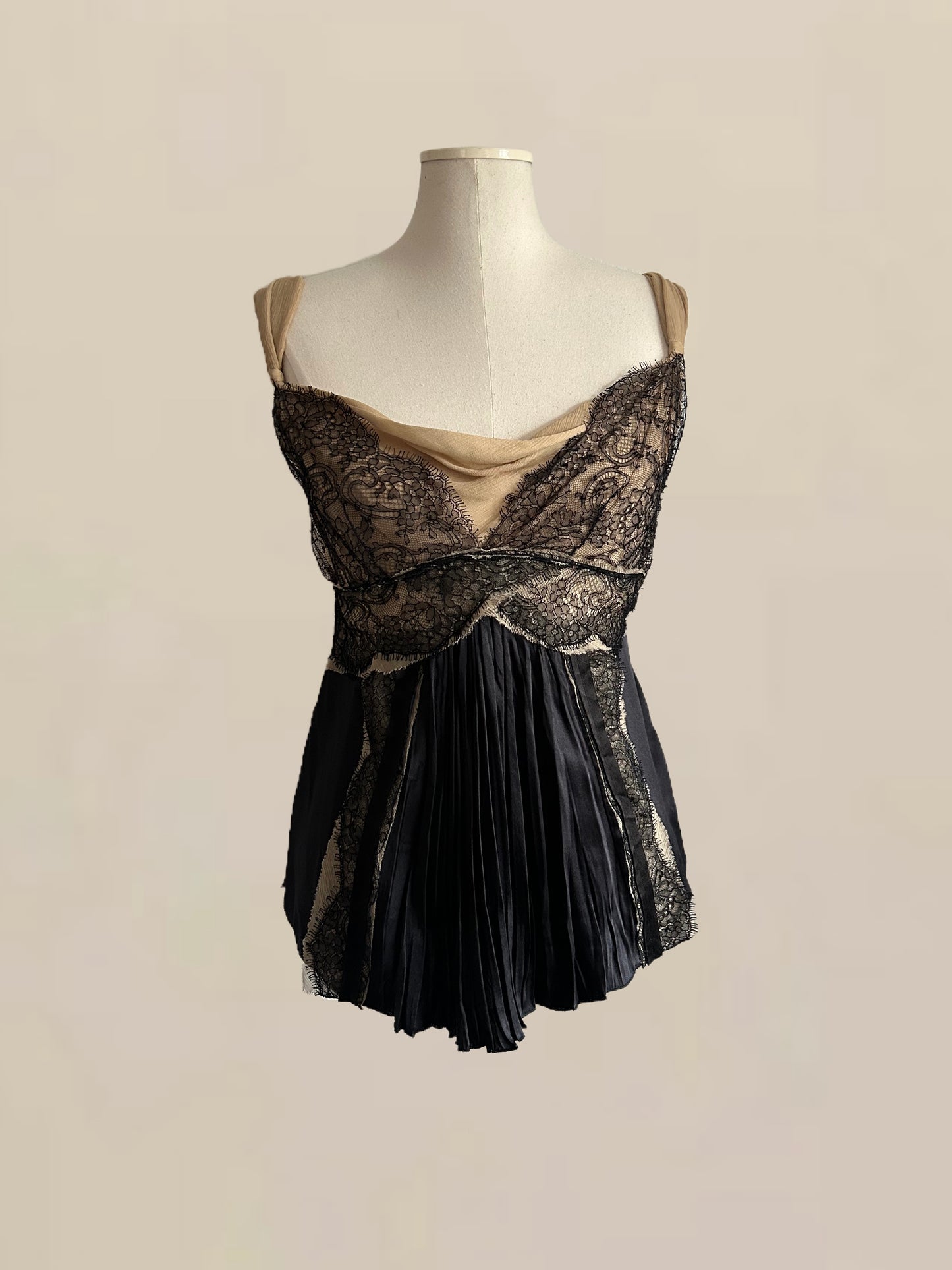 Designer Vintage Prada Silk & Lace Babydoll Top – Nude and Black IT 40