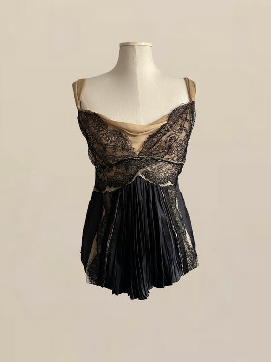 Designer Vintage Prada Silk & Lace Babydoll Top – Nude and Black IT 40