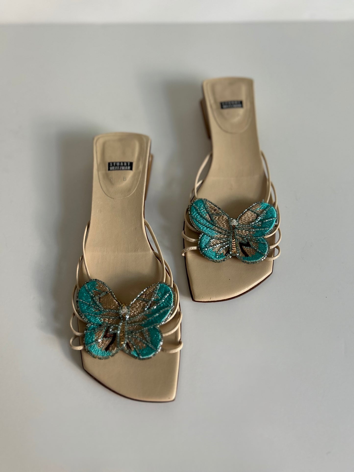 Designer Vintage Stuart Weitzman Butterfly Embellished Mule Heels Size 8 Beaded Y2K Sandals