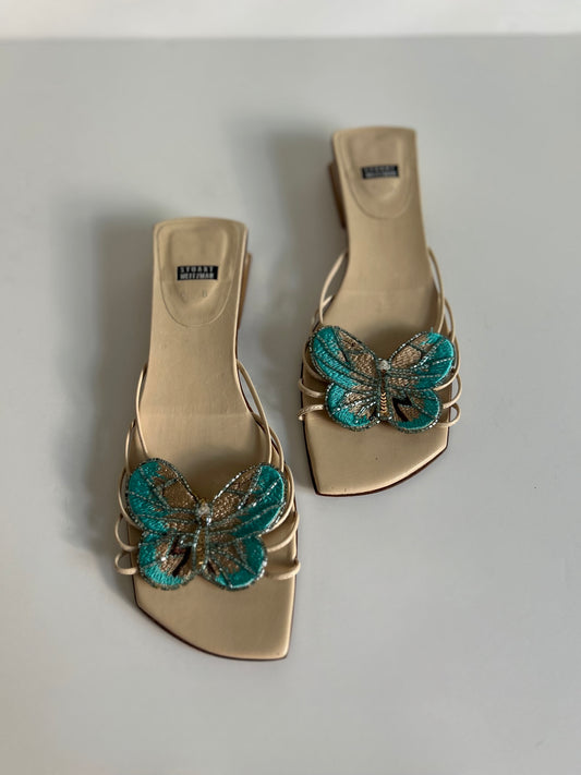 Designer Vintage Stuart Weitzman Butterfly Embellished Mule Heels Size 8 Beaded Y2K Sandals