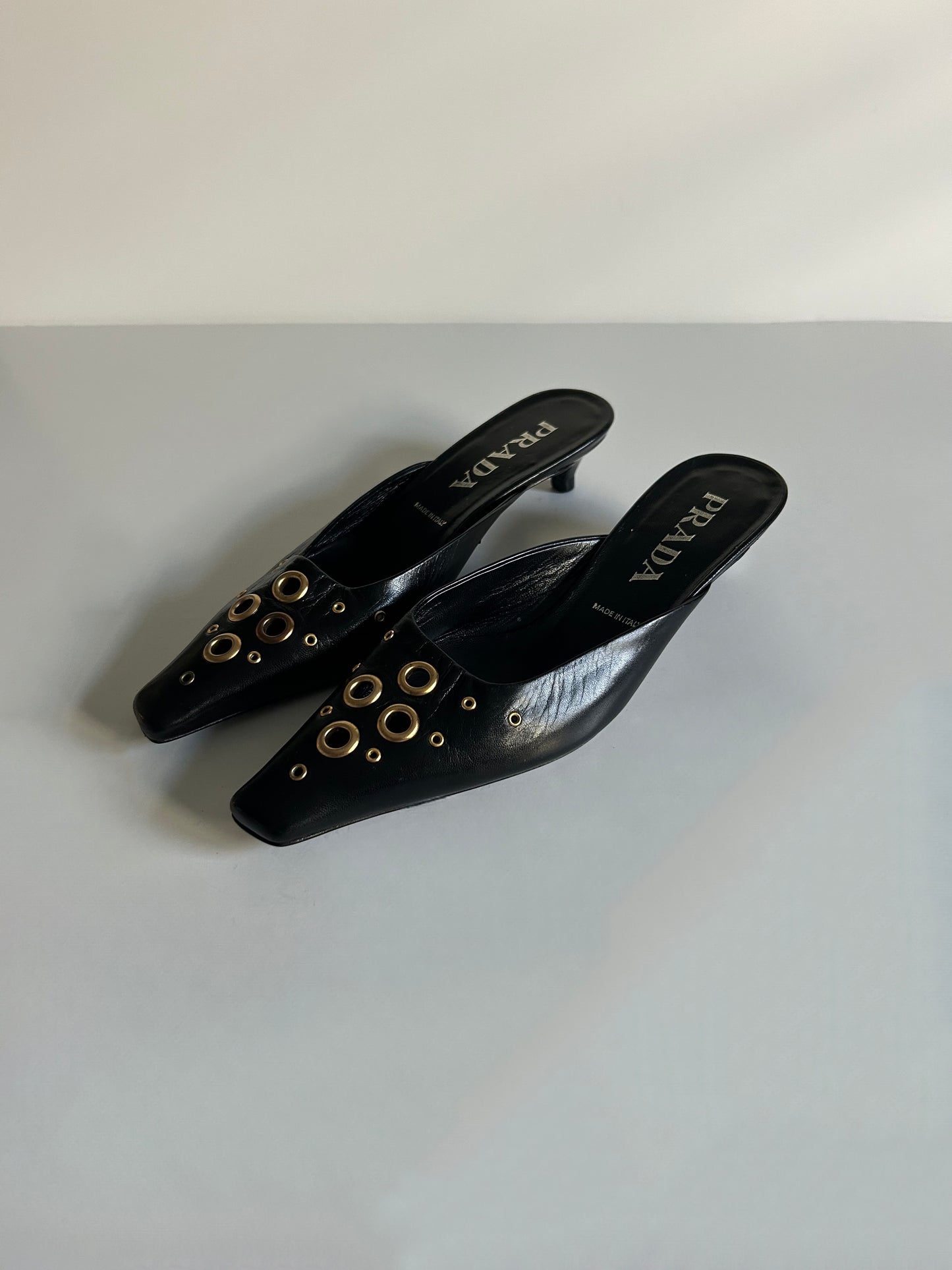 Designer Vintage Prada Black Leather Grommet Mule Kitten Heels Y2K