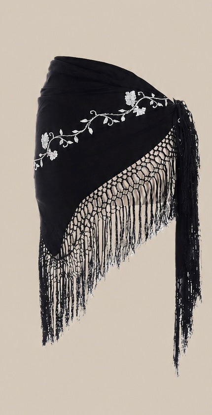Vintage BCBG Max Azria Silk Fringe Wrap Skirt | Embroidered Floral Sarong | 90s Y2K Resort Wear