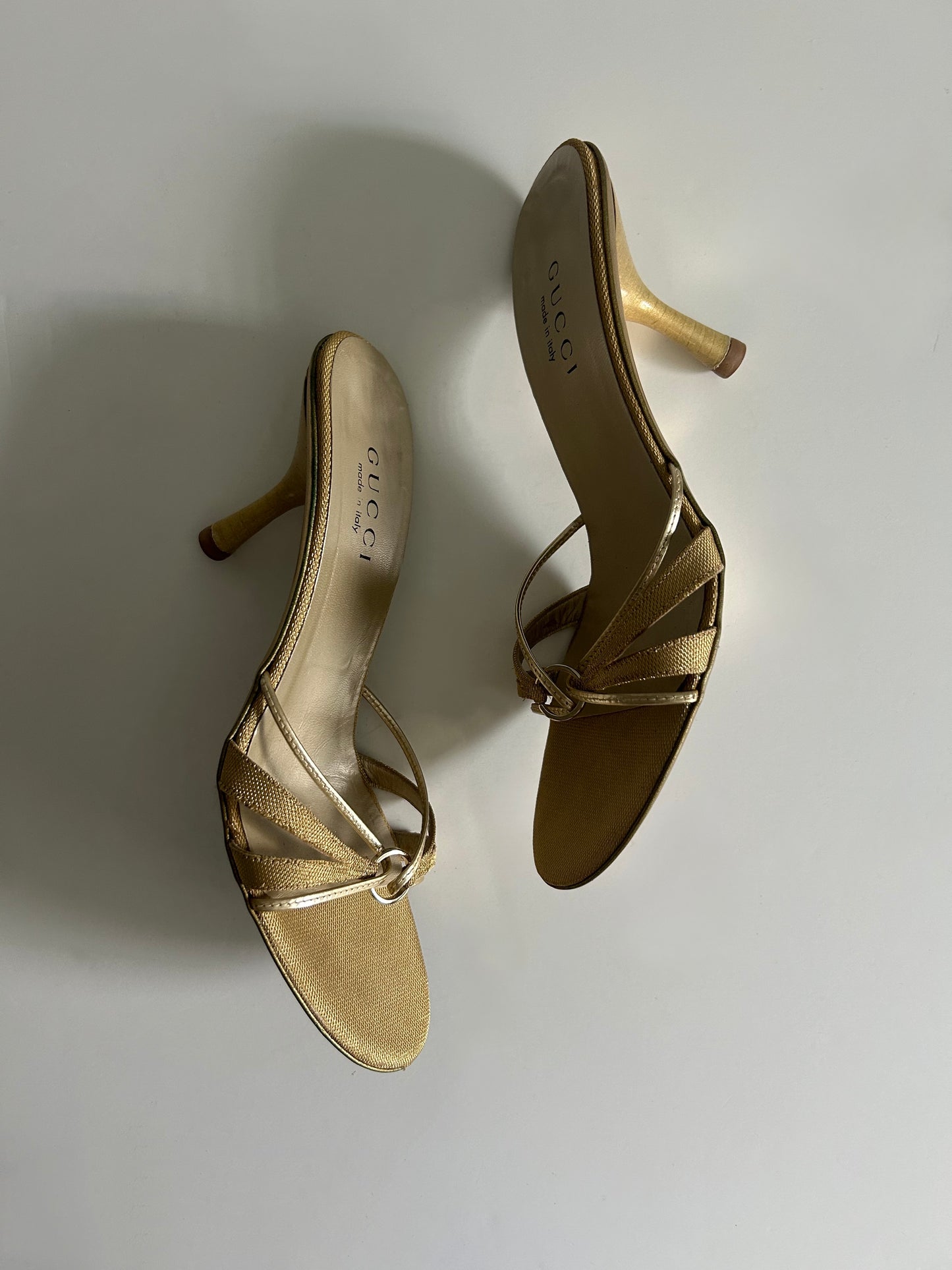 Vintage Gucci Tom Ford Era Gold Strappy Sandals Metallic Heels Made in Italy