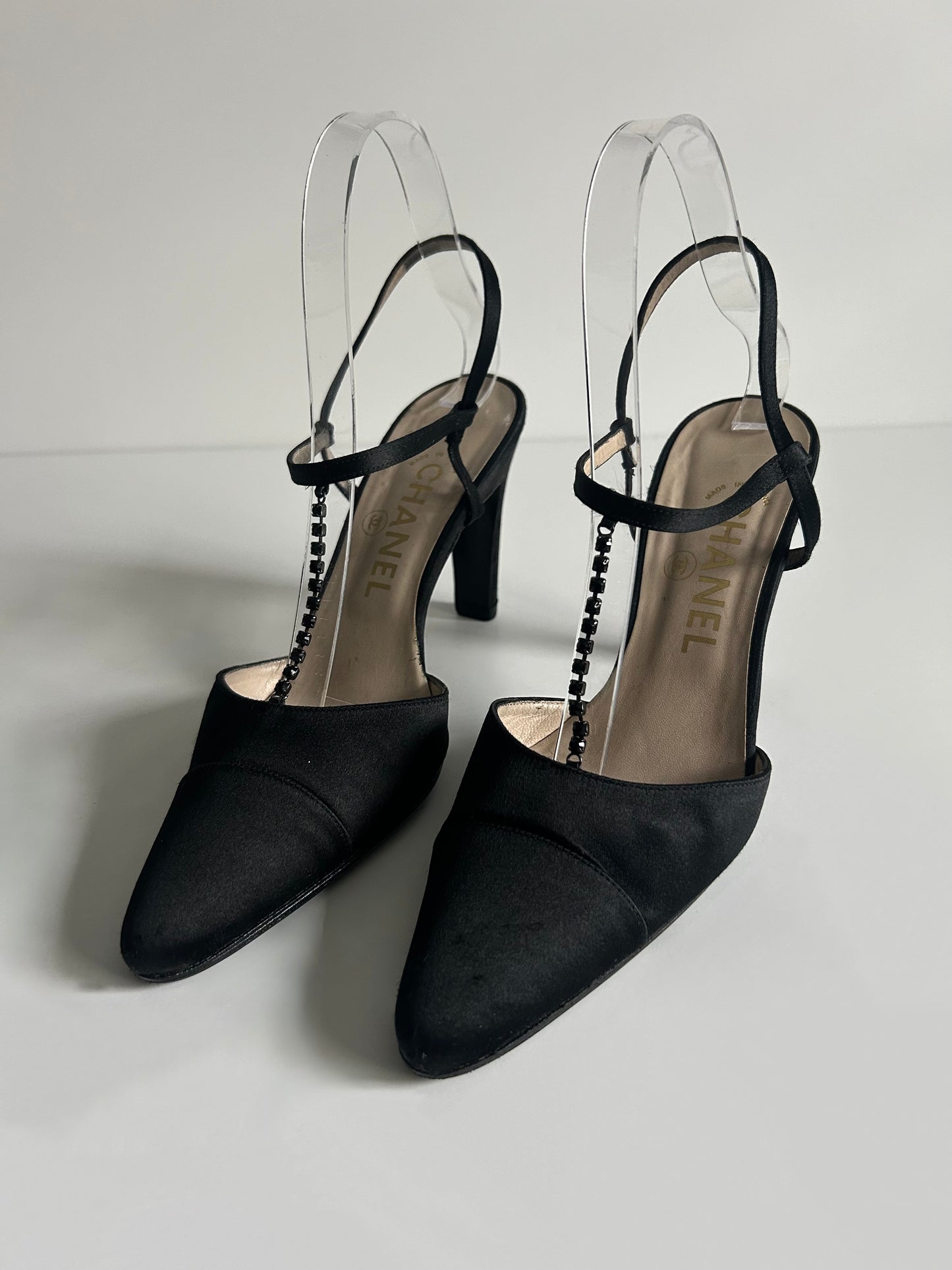 Designer Vintage Chanel Black Satin T-Strap Heels with Crystal Chain Detail - 1990s to early 2000s (Karl Lagerfeld era)