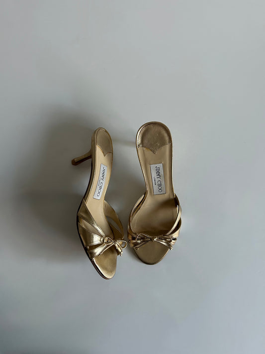 Designer Vintage Jimmy Choo London Gold Metallic Bow Sandals Size 35 Y2K Heels