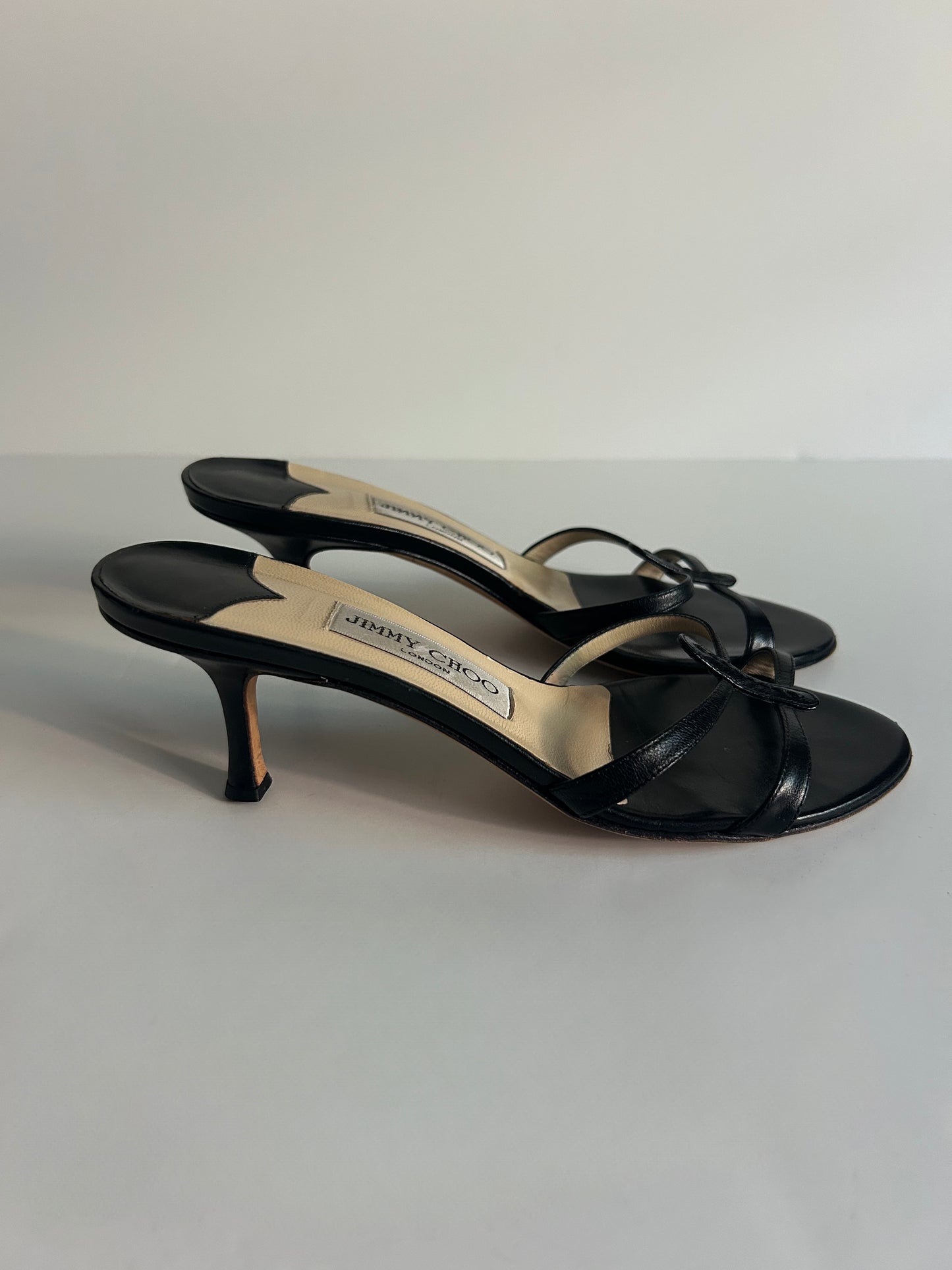 Designer Vintage Jimmy Choo London Black Leather Thong Mule Heels Y2K Sandals