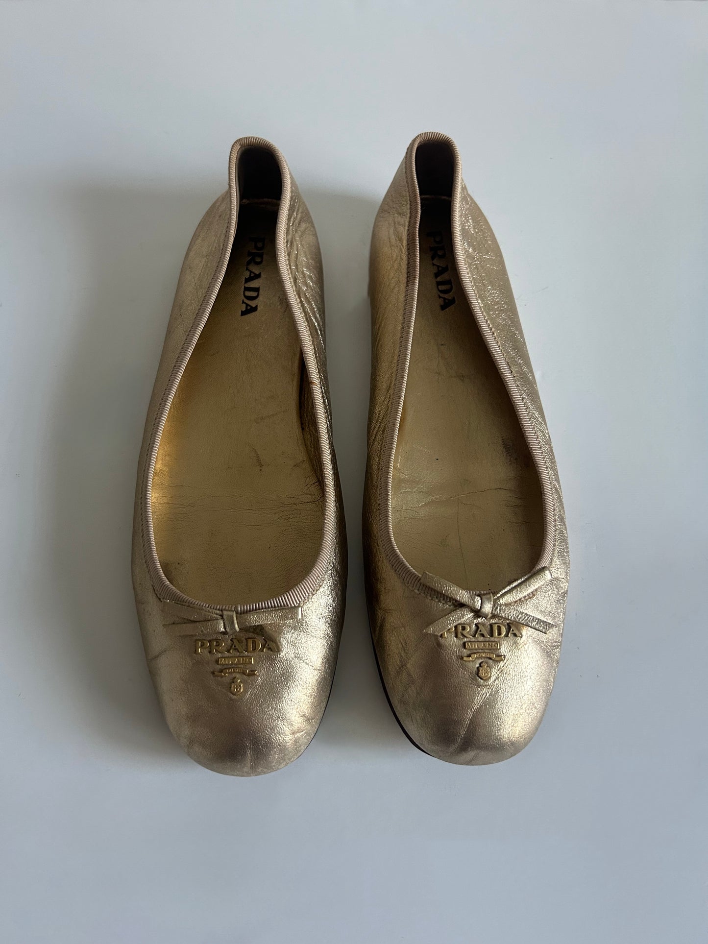 Designer Vintage Prada Metallic Gold Leather Ballet Flats Y2K Designer Shoes Made in Italy