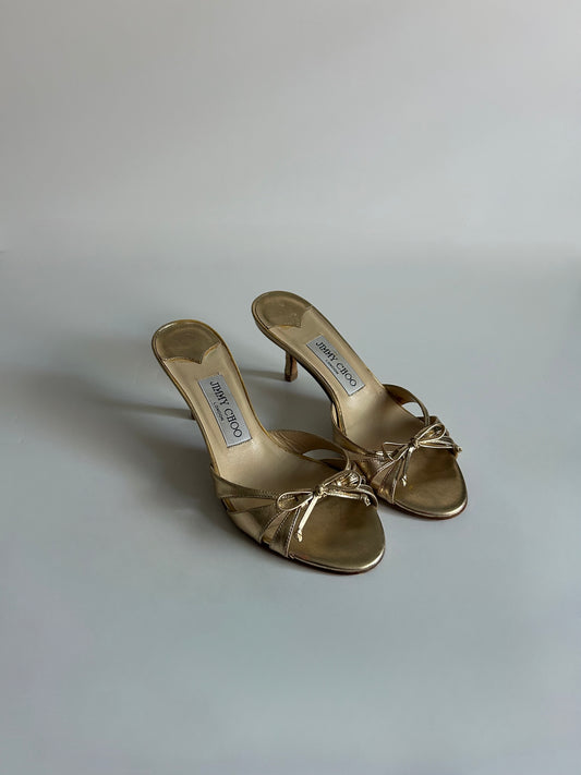 Designer Vintage Jimmy Choo London Gold Metallic Bow Sandals Size 35 Y2K Heels