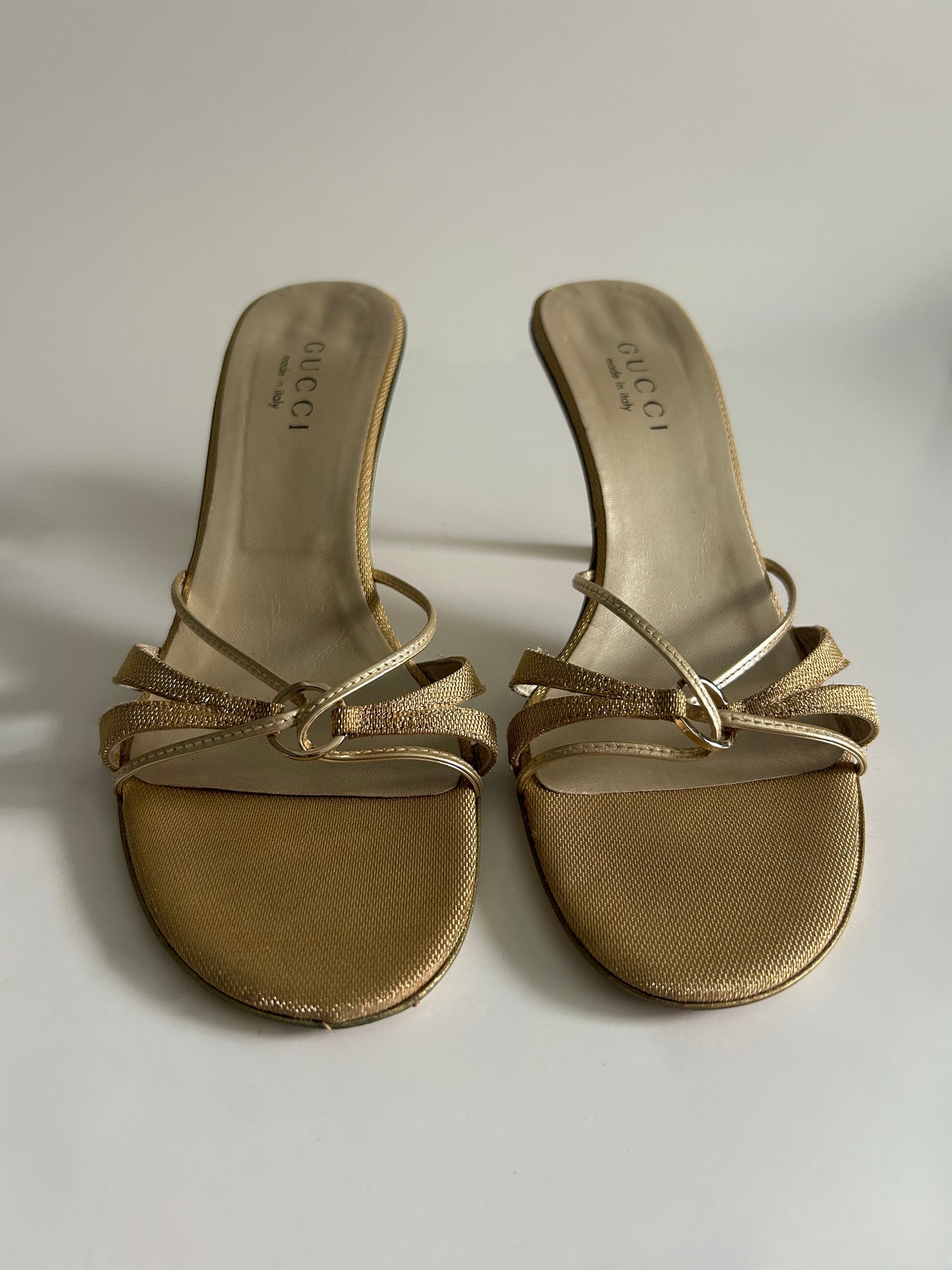 Vintage Gucci Tom Ford Era Gold Strappy Sandals Metallic Heels Made in Italy