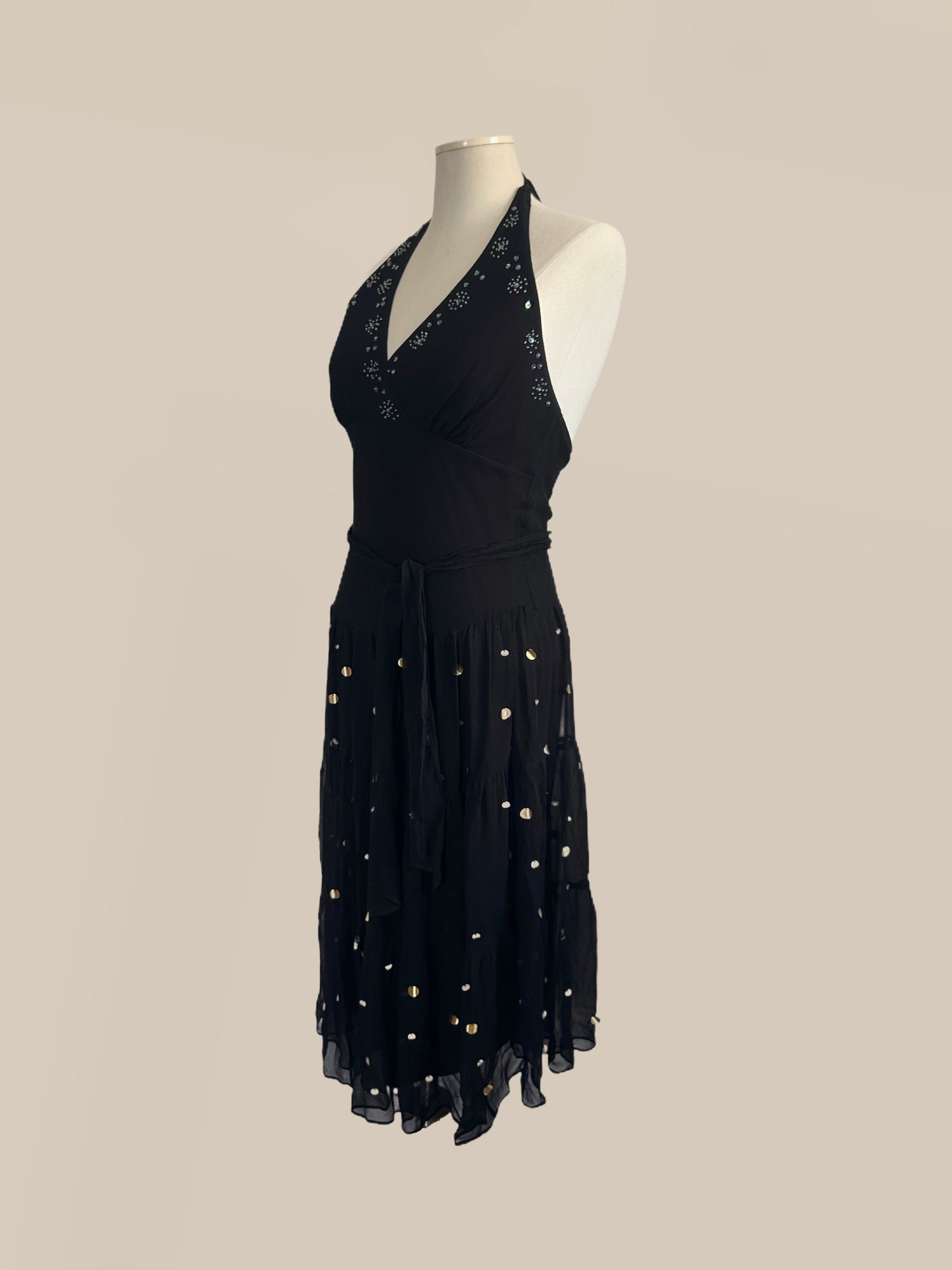 Vintage Black Silk Halter Dress with Gold & Silver Paillette Sequins | 90s / Y2K Dress