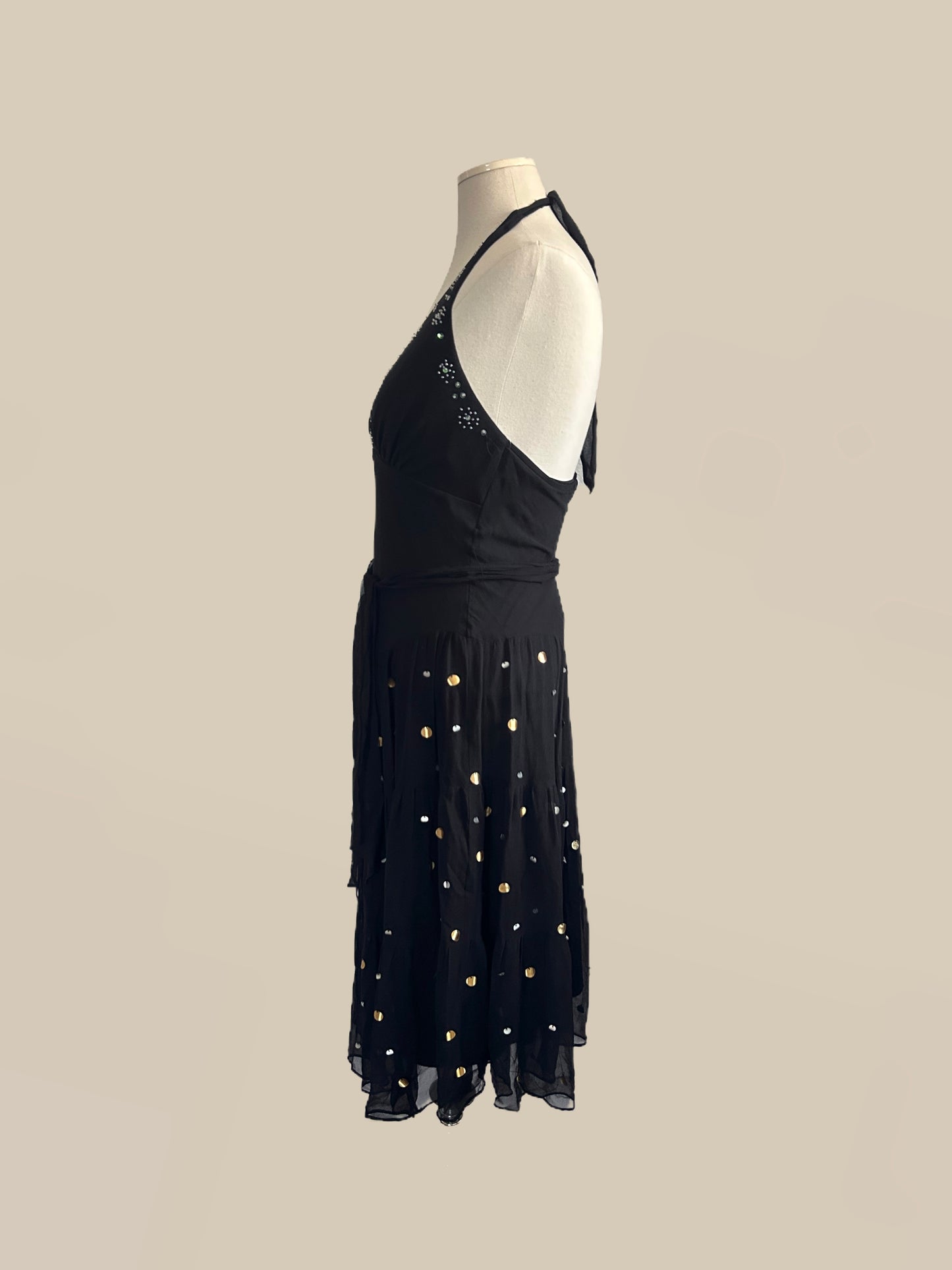 Vintage Black Silk Halter Dress with Gold & Silver Paillette Sequins | 90s / Y2K Dress