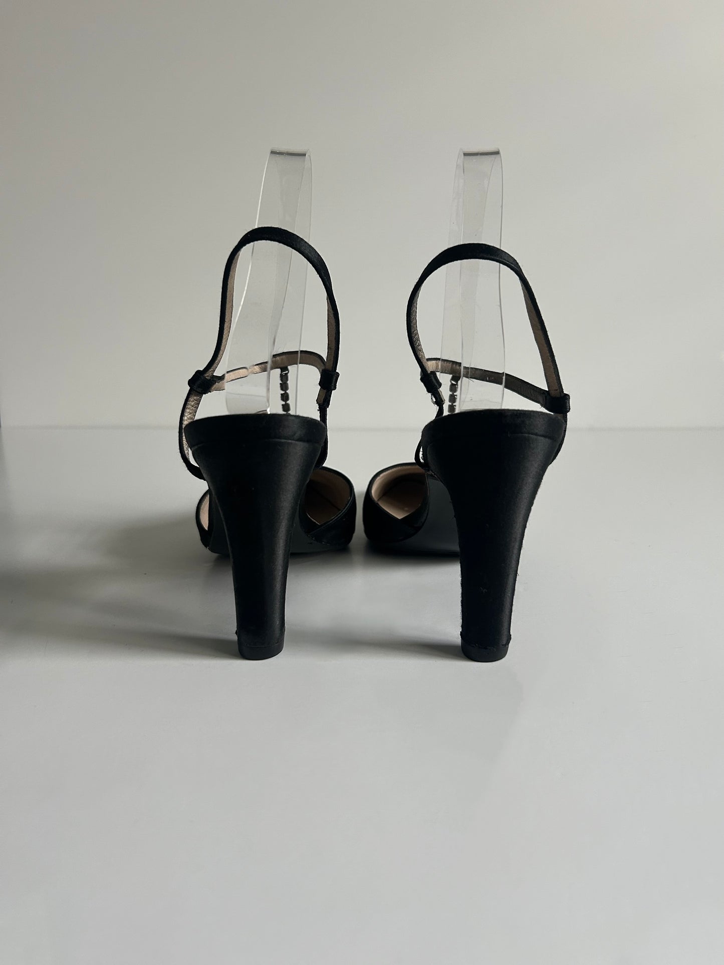 Designer Vintage Chanel Black Satin T-Strap Heels with Crystal Chain Detail - 1990s to early 2000s (Karl Lagerfeld era)