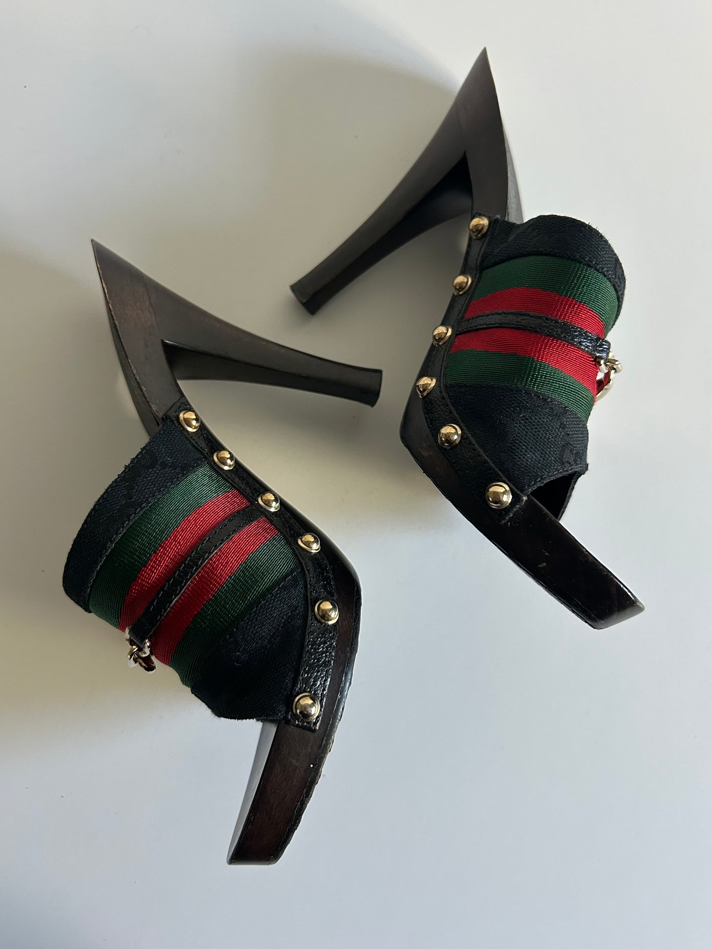 Designer Vintage Gucci Web Stripe Horsebit Mule Heels – Black Canvas & Wood Clog – Early 2000s