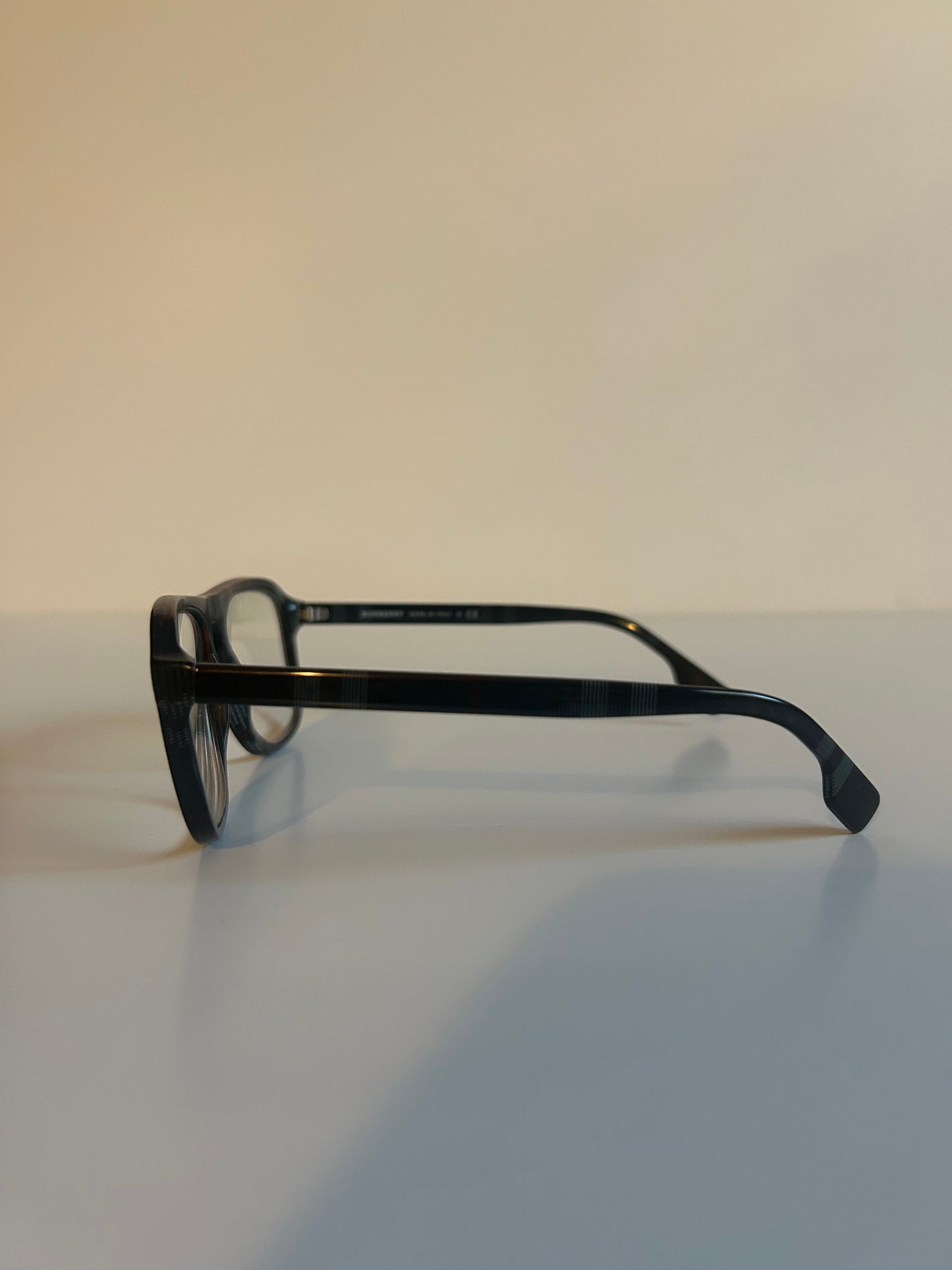 Burberry Navy Acetate Aviator Eyeglasses with Plaid Temples