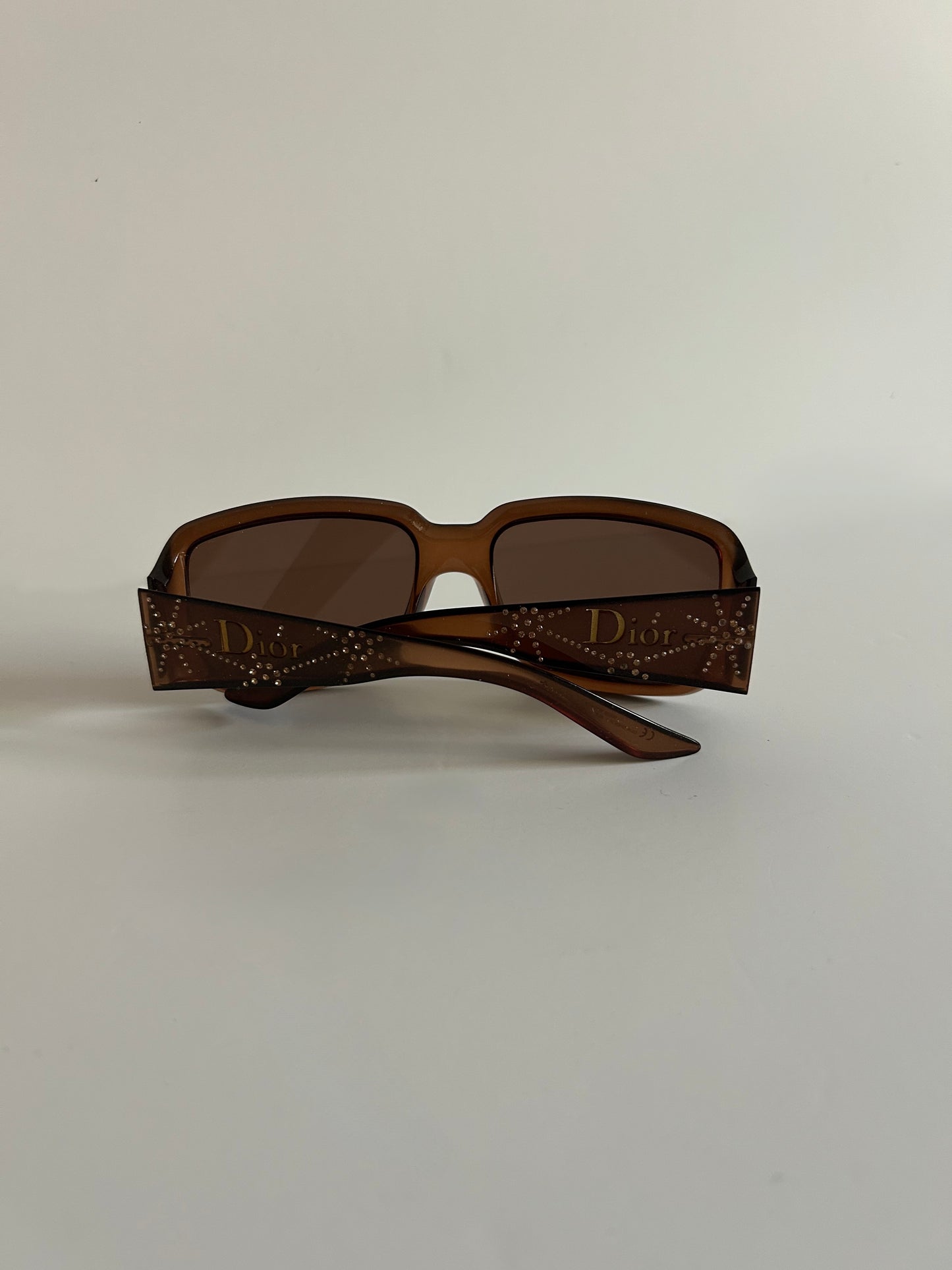 Designer Vintage Christian Dior Rhinestone Logo Sunglasses Y2K Brown Crystal Shield Temples