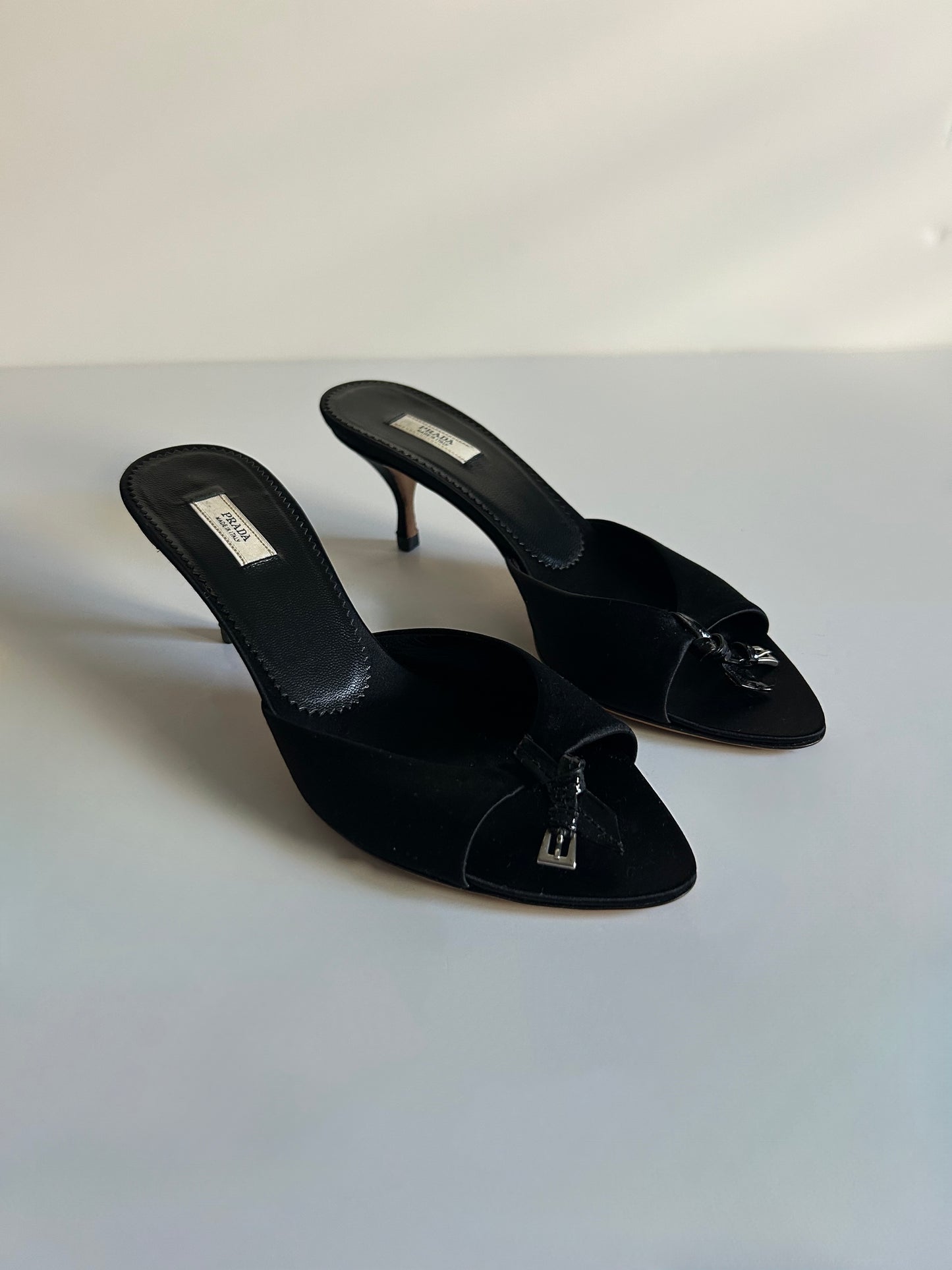 Designer Vintage Prada Black Silk Satin Crystal Logo Mule Heels Size 36 Made in Italy